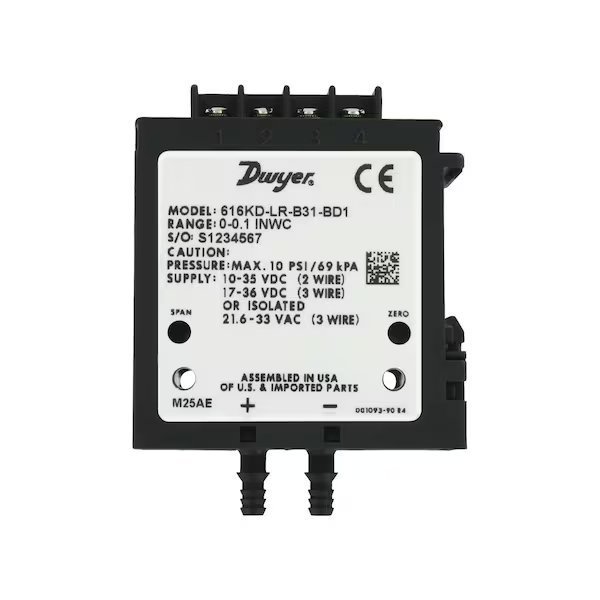 Low range differential pressure transmitter, +/-0.5in wc W/ 1% accuracy, NPT process connection, Dwyer Instruments, Mfr#: 616KD-LR-B45-ND1
